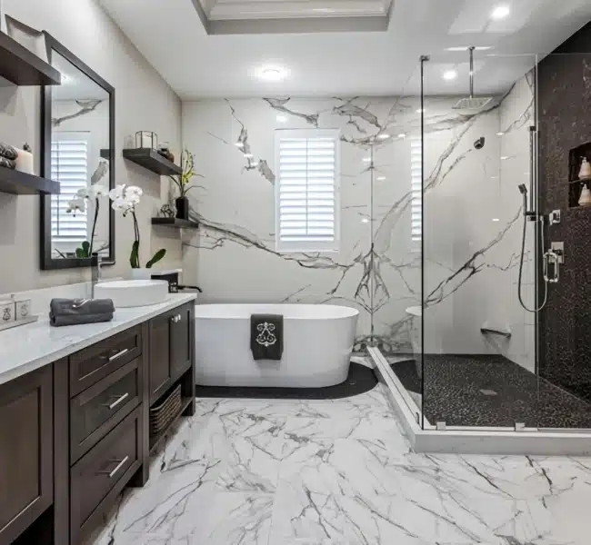 Bathroom remodeling in Plano TX featuring custom tile shower and modern vanity installation