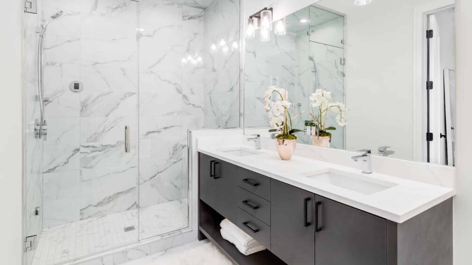 Bathroom Remodeling Plano TX Shower and Vanity with Quartz and Tiles